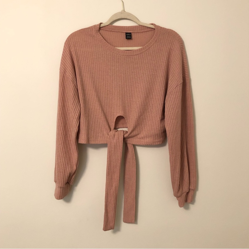 Tie Front Ribbed Light Pink Long Sleeve - Picture 5 of 5